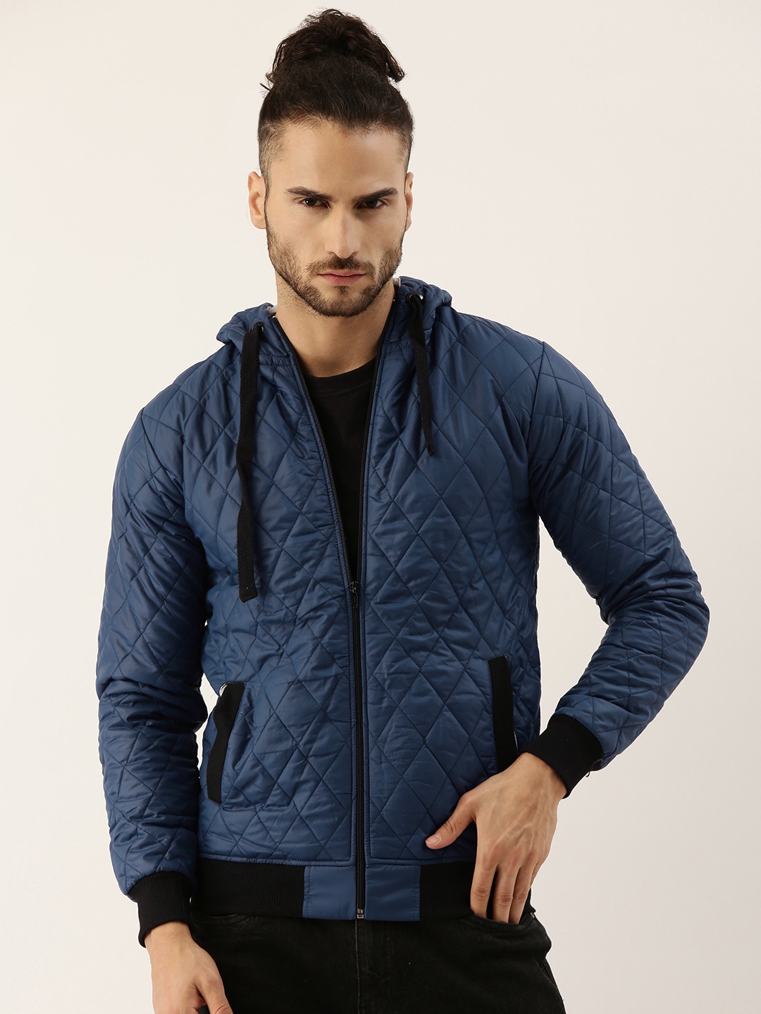 

Campus Sutra Men Navy Blue Windcheater Quilted Bomber Jacket