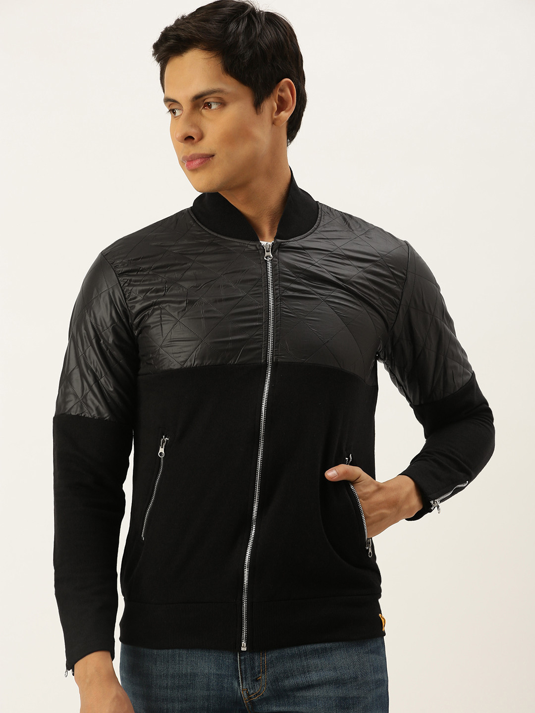 

Campus Sutra Men Black Quilt Detailed Windcheater Bomber Jacket