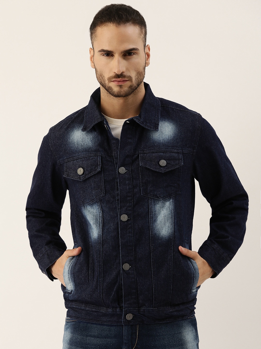 

Campus Sutra Men Navy Blue Washed Denim Jacket