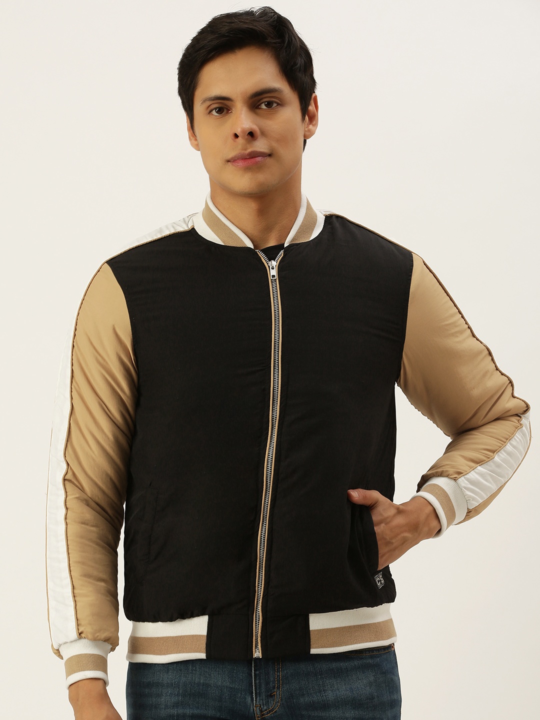 

Campus Sutra Men Black & Brown Colourblocked Windcheater Outdoor Bomber Jacket