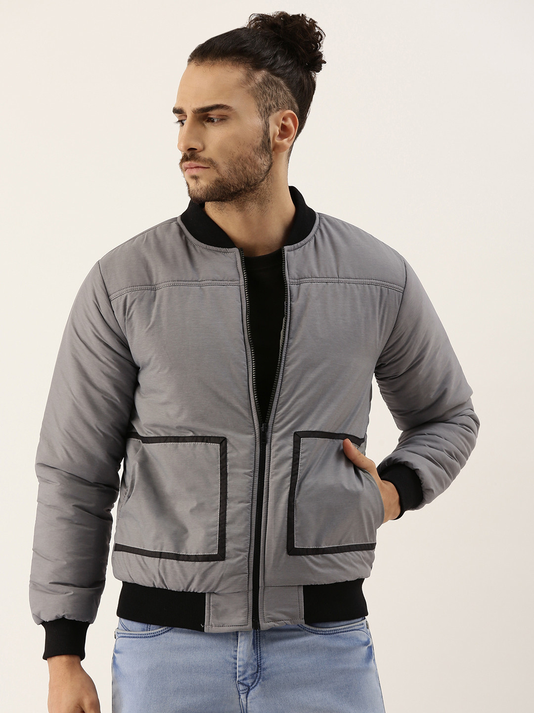 

Campus Sutra Men Grey Windcheater Outdoor Bomber Jacket