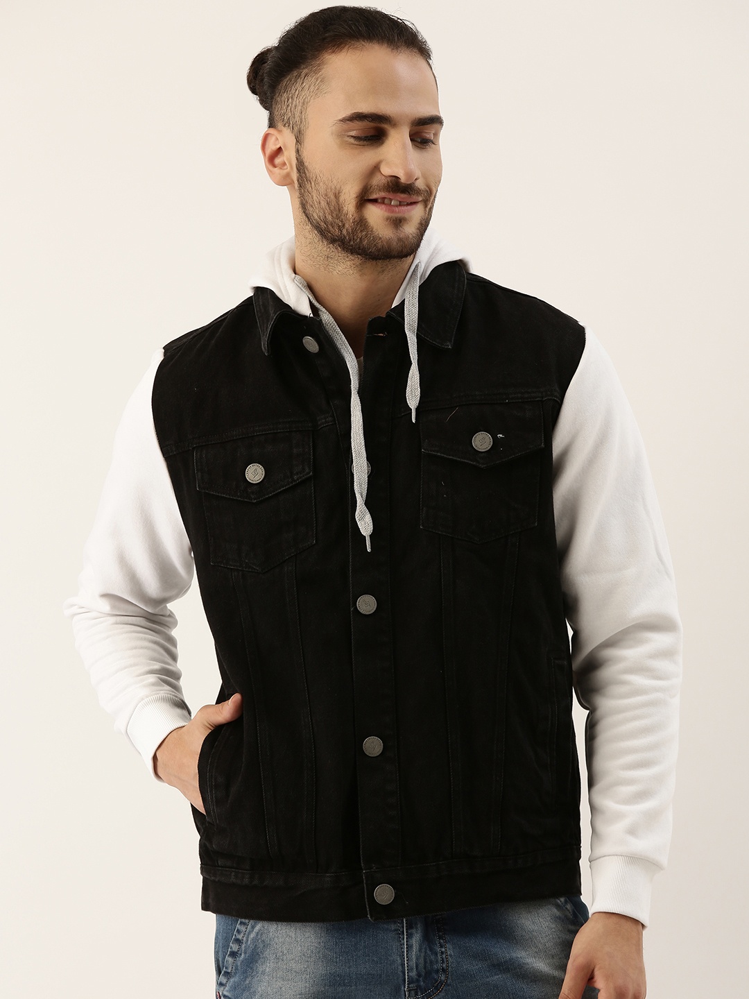 

Campus Sutra Men Black & Off-White Hooded Denim Jacket