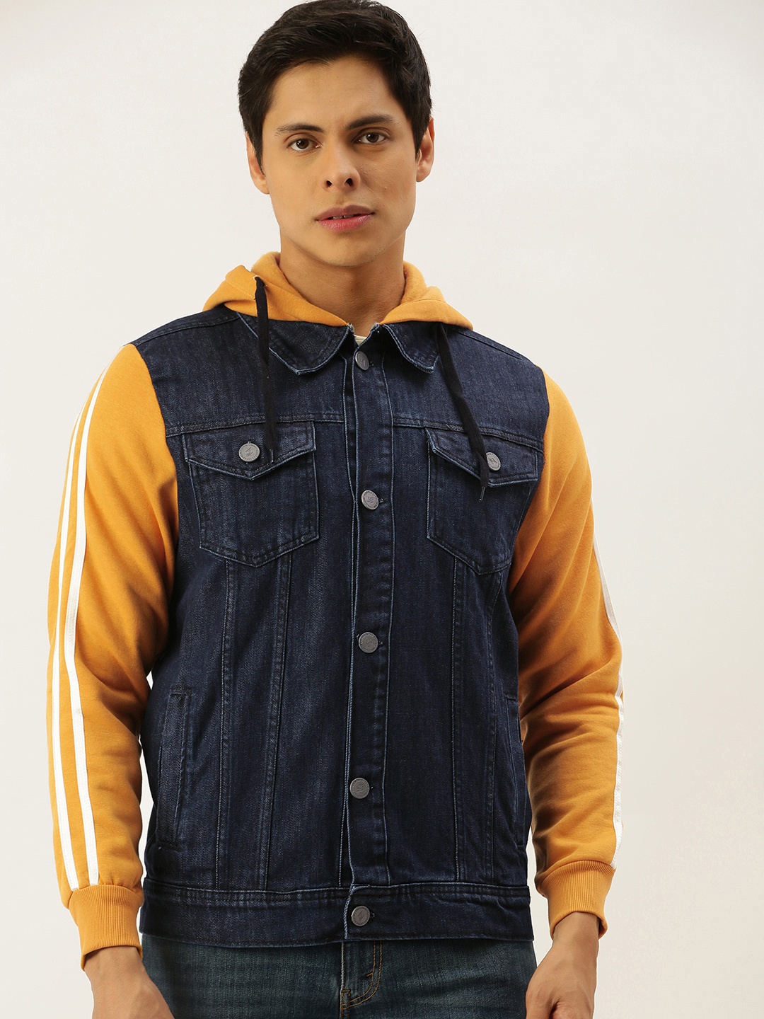 

Campus Sutra Men Charcoal & Mustard Colourblocked Windcheater Outdoor Denim Jacket