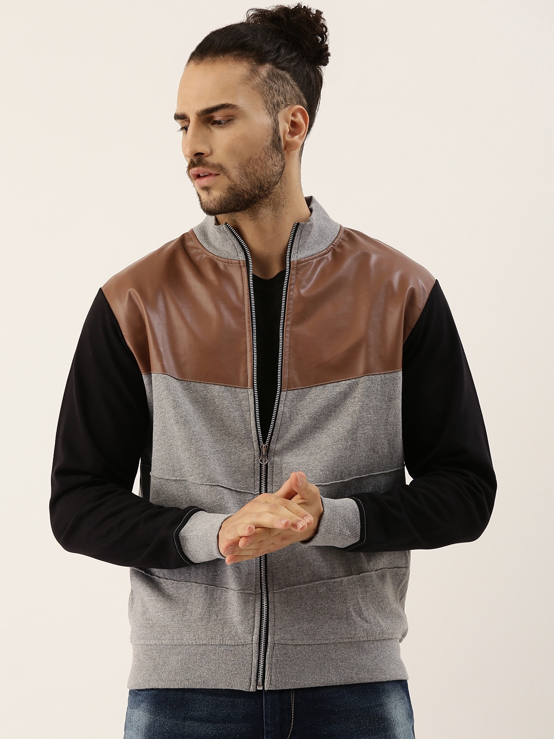 

Campus Sutra Men Grey & Brown Colourblocked Windcheater Biker Jacket