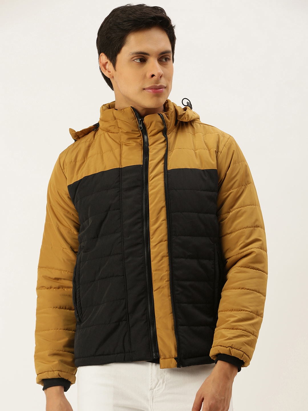 

Campus Sutra Men Yellow & Black Colourblocked Windcheater Biker Jacket