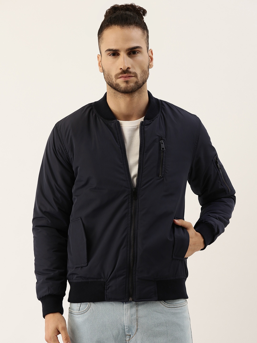 

Campus Sutra Men Navy Blue Windcheater Outdoor Bomber Jacket