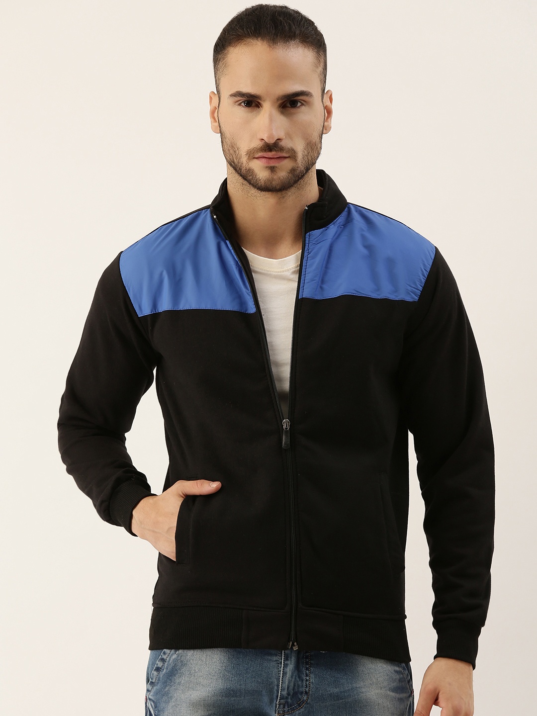 

Campus Sutra Men Black & Blue Colourblocked Windcheater Outdoor Biker Jacket