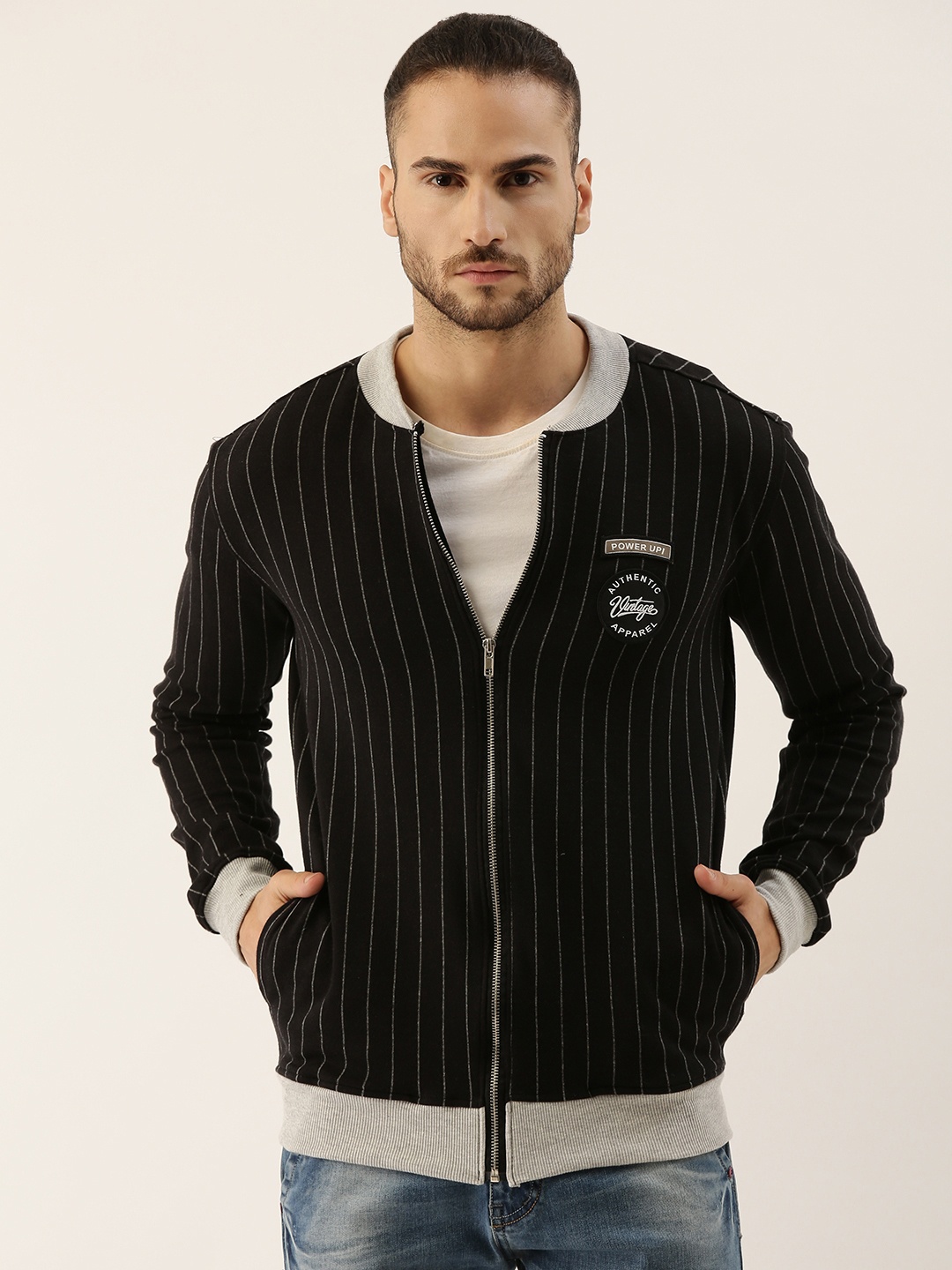 

Campus Sutra Men Black & Grey Striped Windcheater Outdoor Biker Jacket