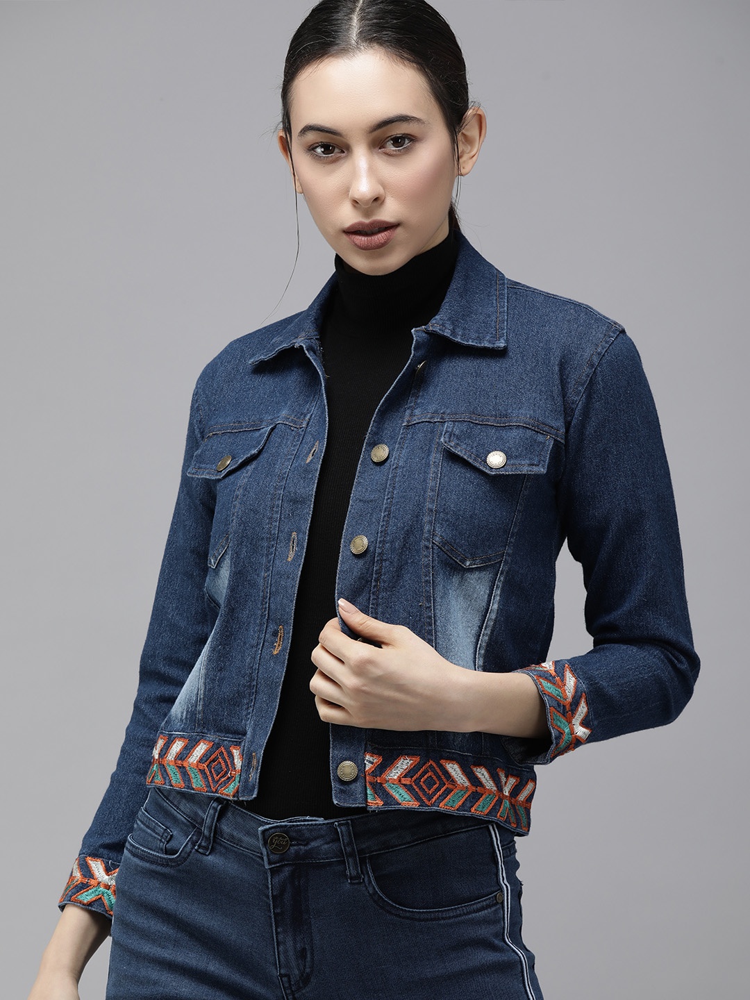 

VOXATI Women Navy Blue Washed Denim Jacket with Embroidered