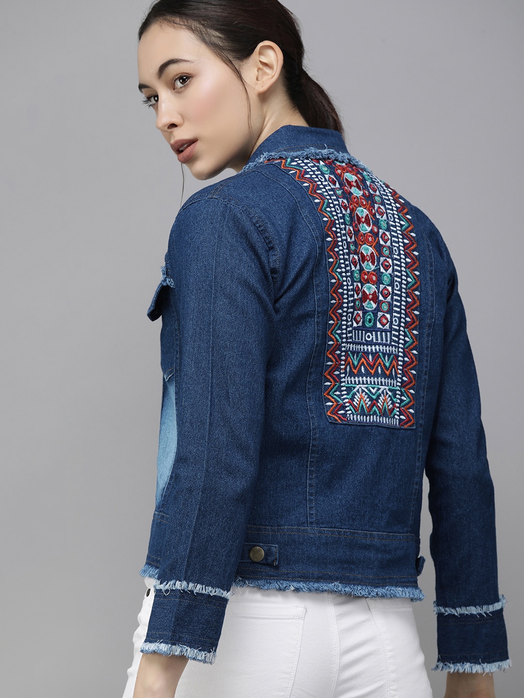 

VOXATI Women Blue Washed Crop Denim Jacket with Embroidered