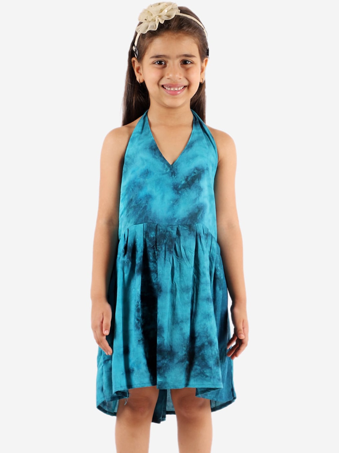 

YK Girls Blue Tie and Dye Dyed Halter Neck A-Line Dress