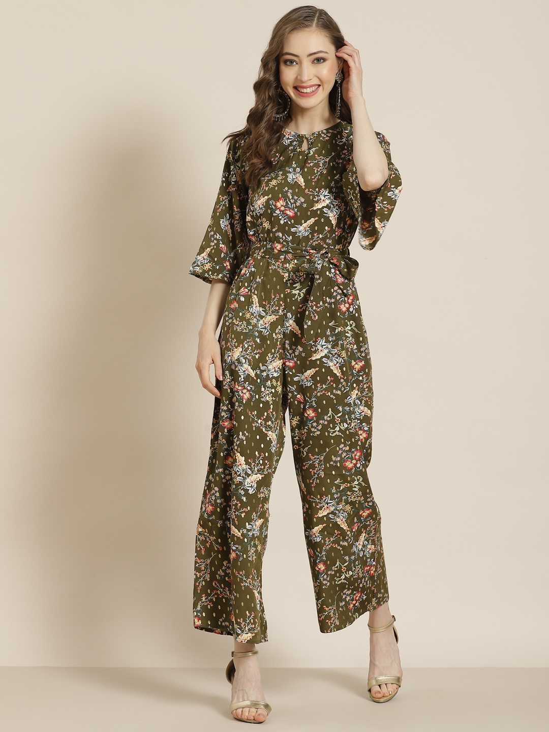 

Juniper Women Olive Green & Beige Floral Printed Basic Jumpsuit