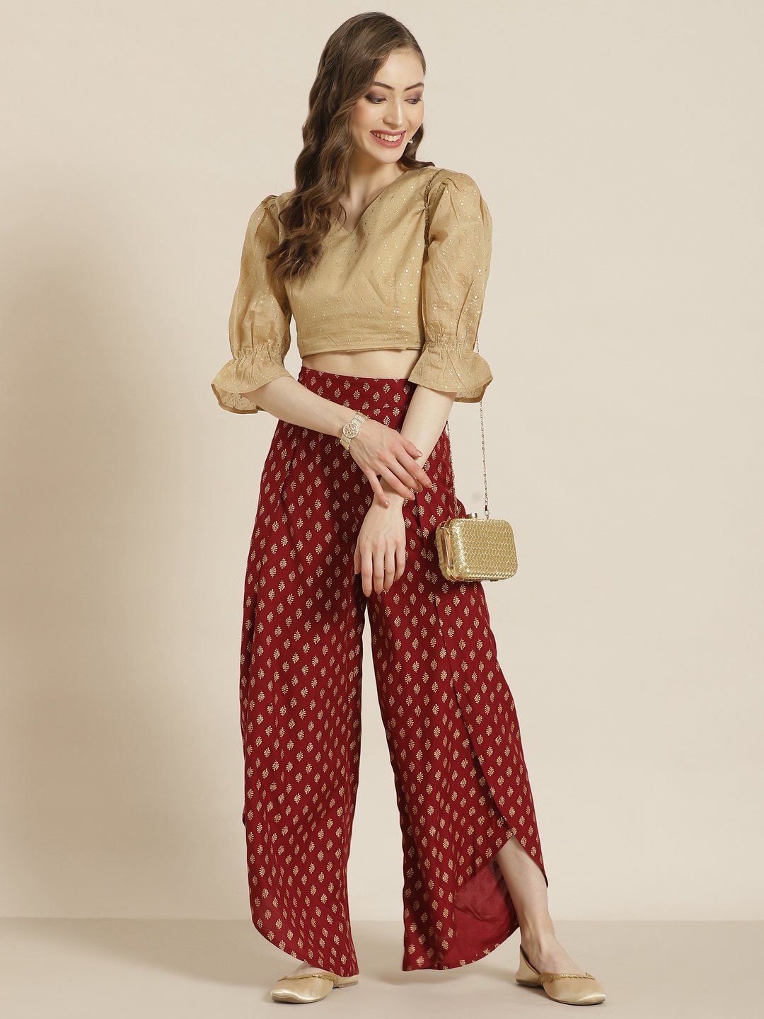 

Juniper Women Maroon & Golden Ethnic Print Dhoti Pants