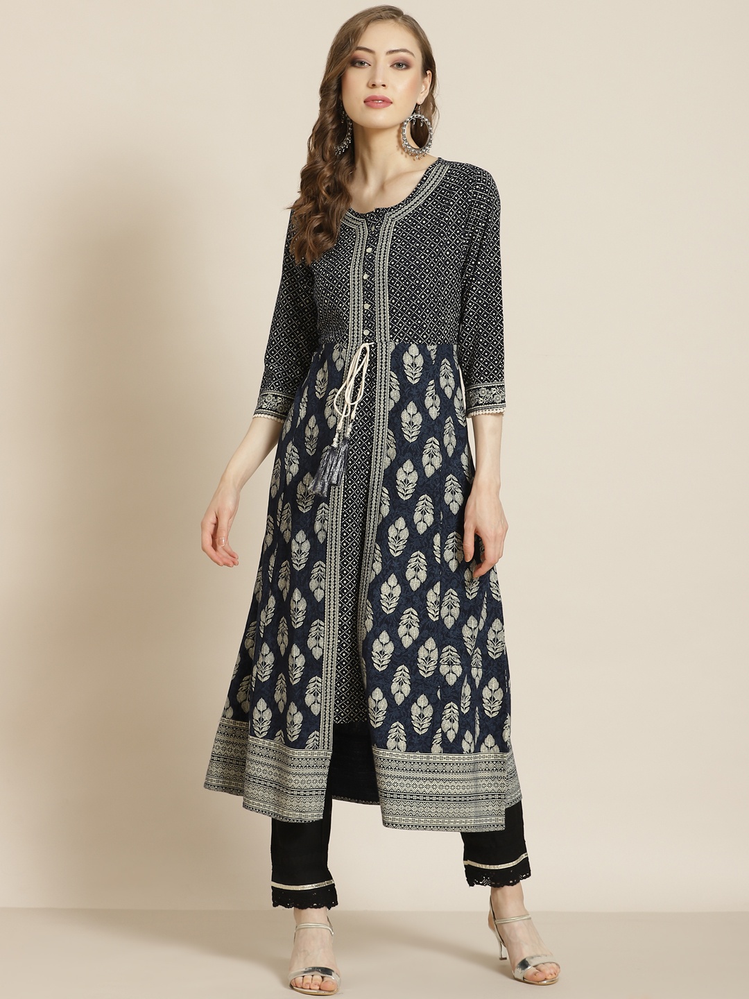 

Juniper Women Navy Blue & Off White Ethnic Motifs Print Layered Straight Kurta