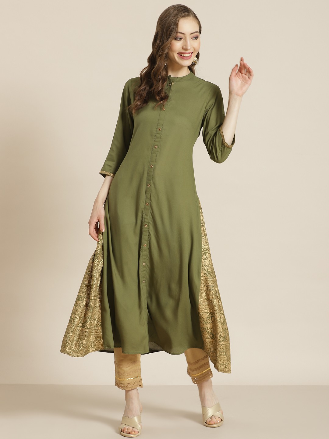 

Juniper Women Olive Green & Golden Ethnic Motifs Printed Liva Kurta