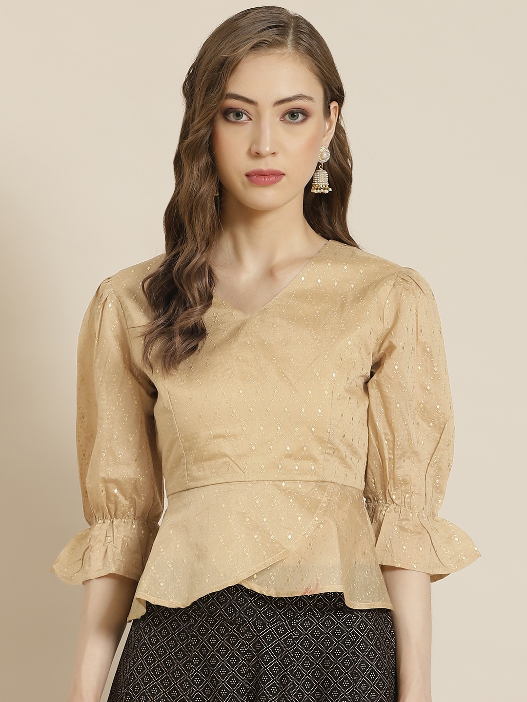 

Juniper Women Beige & Golden Printed Chanderi Emboss Peplum Blouse, Gold