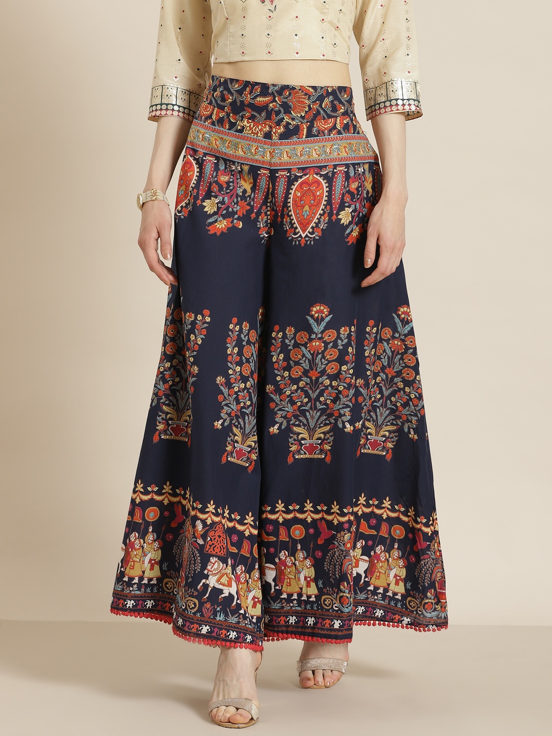 

Juniper Women Navy Blue & Orange Ethnic Motifs Printed Flared Palazzos with Scrunchie