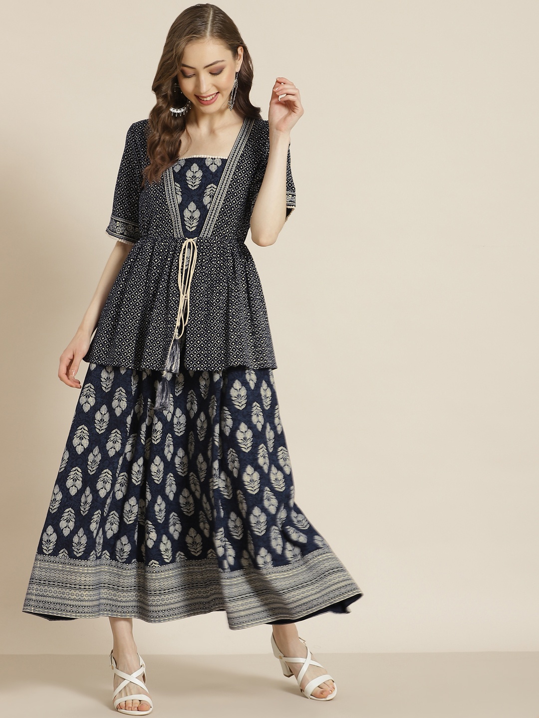 

Juniper Navy Blue & Off White Ethnic Motifs Print Layered Maxi Dress