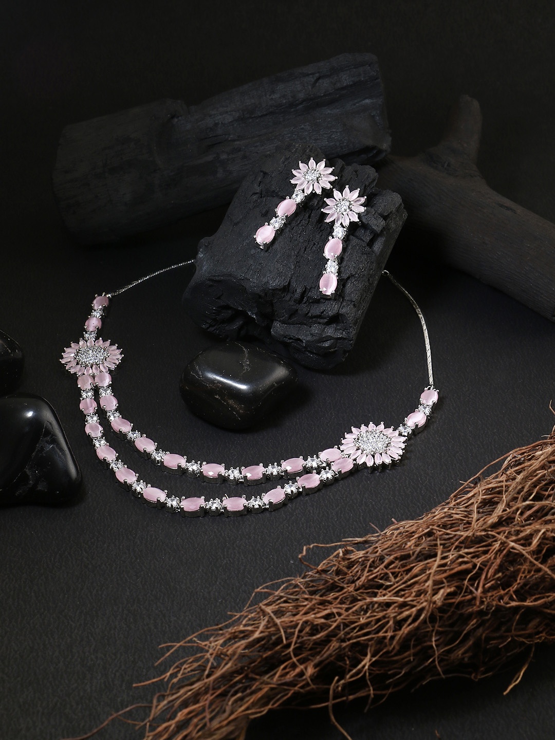 

Adwitiya Collection Women Rhodium-Plated Silver-Toned & Pink CZ-Studded Jewellery Set