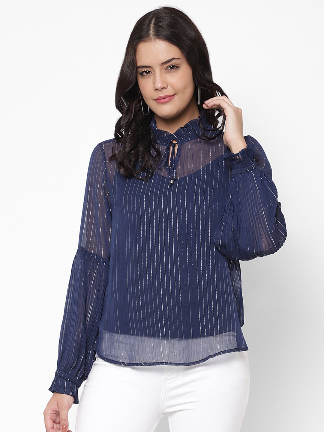 

HOUSE OF KKARMA Women Navy Blue Striped Tie-Up Neck Lurex Sheer Top