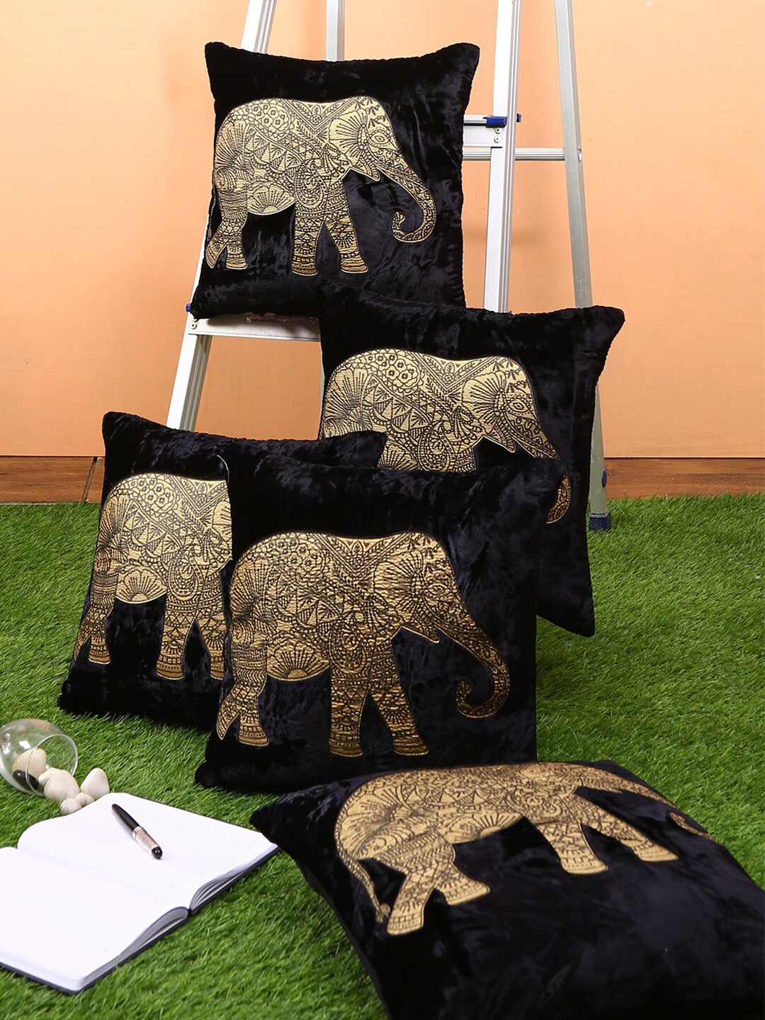 

ROMEE Black & Brown Set of 5 Velvet Square Cushion Covers