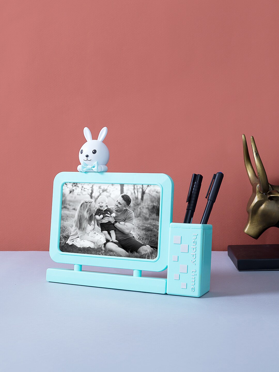 

Golden Peacock Solid Blue Bunny Rabbit Photo Frame With Pen Holder