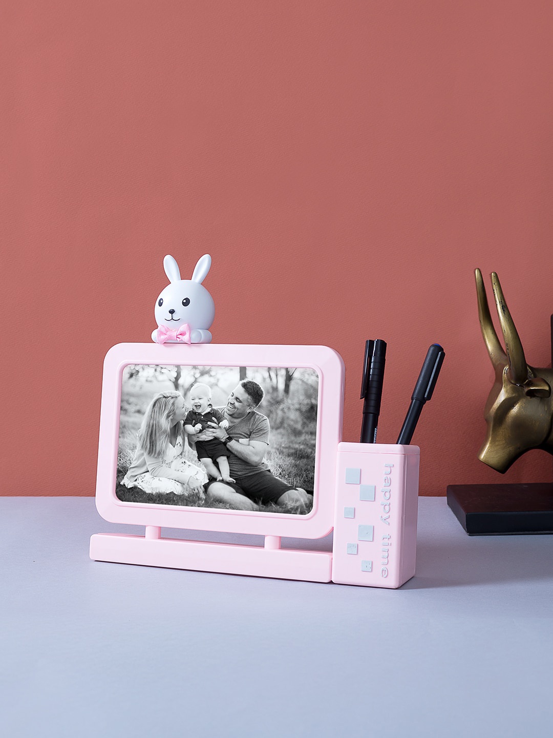 

Golden Peacock Pink & White Bunny Rabbit Photo Frame With Pen Holder