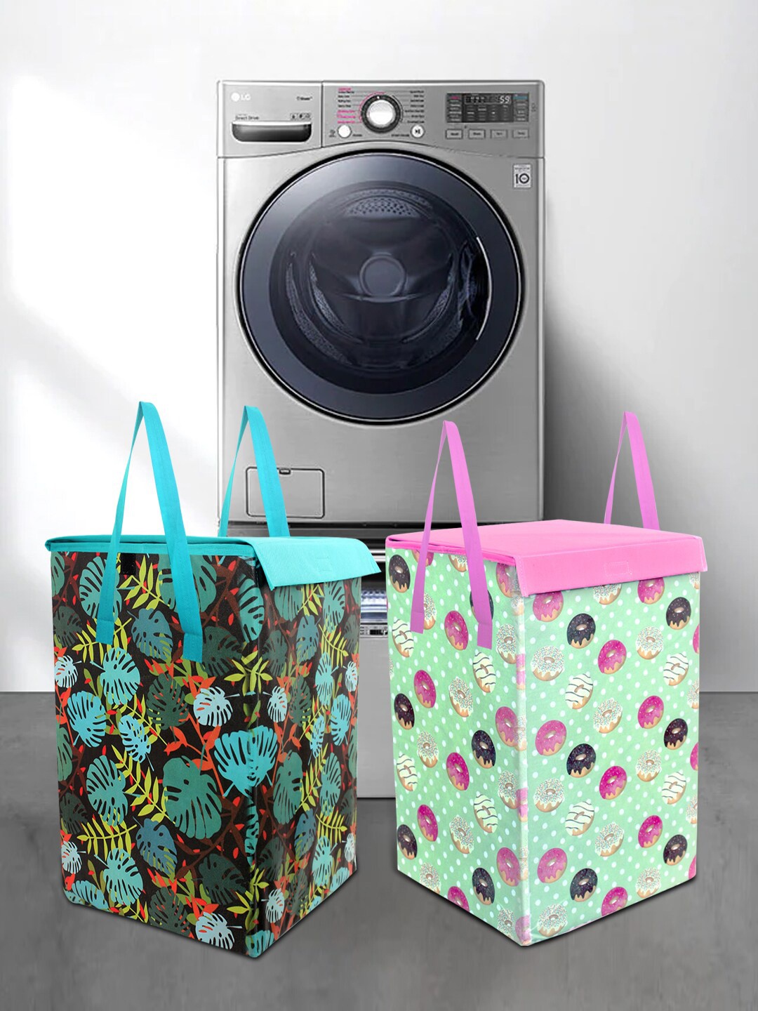 

prettykrafts Set Of 2 Green Printed Foldable Laundry Basket With Lid
