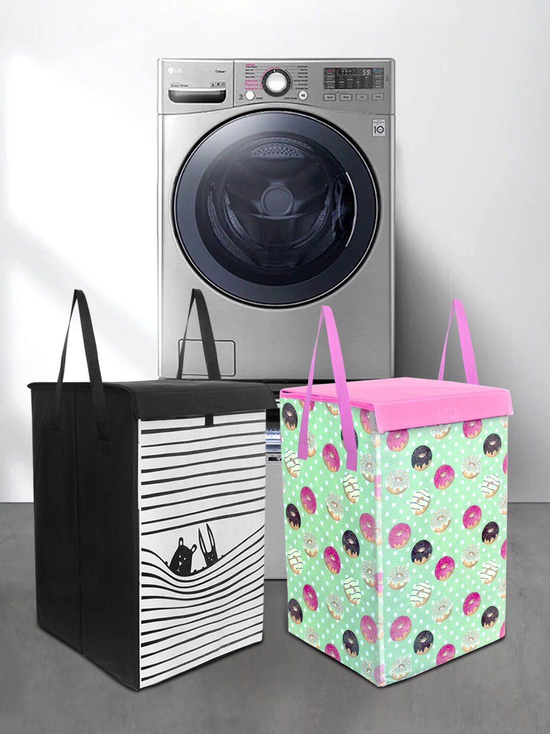 

prettykrafts Set Of 2 Sea Green & Black Printed Foldable Laundry Basket With Lid
