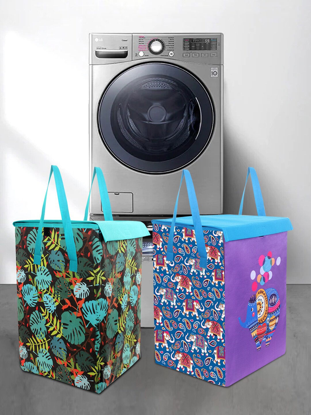 

prettykrafts Set Of 2 Printed Laundry Bag with Lid & Handle, Green
