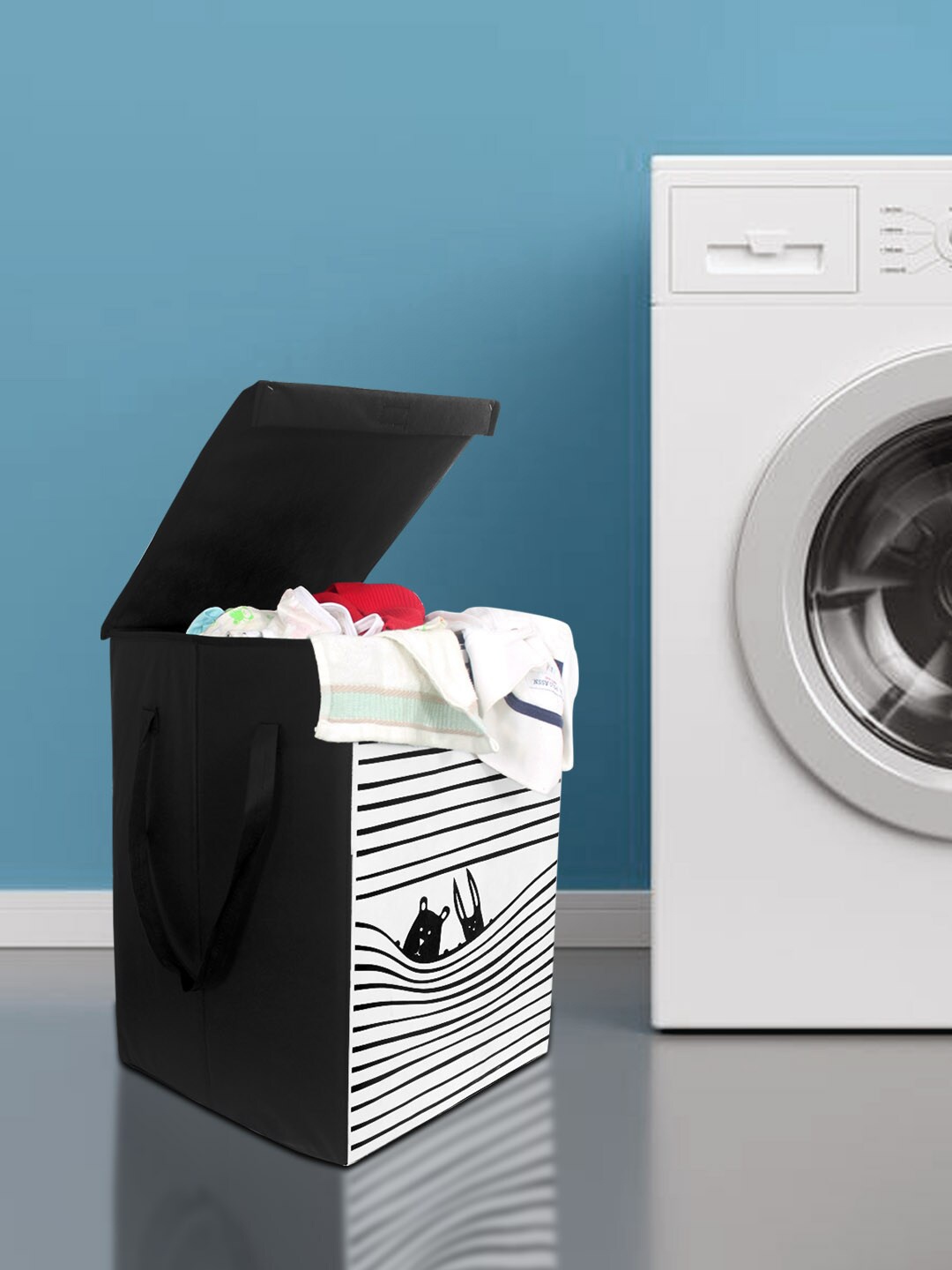 

prettykrafts Black & White Printed Foldable Laundry Basket With Lid