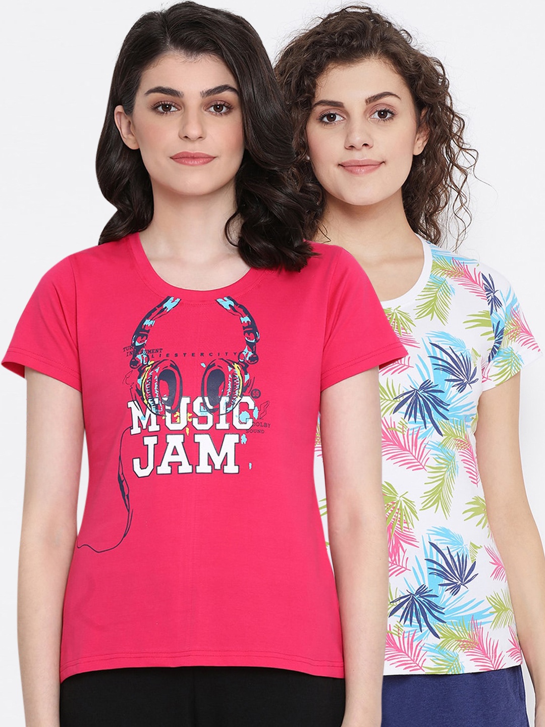 

Clovia Women Pack Of 2 Printed Cotton Lounge T-Shirts, Pink