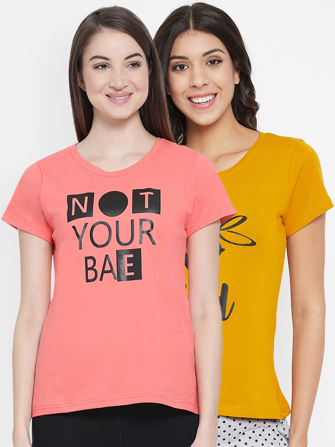 

Clovia Women Pack Of 2 Graphic Printed Typography Cotton Lounge T-Shirts, Yellow