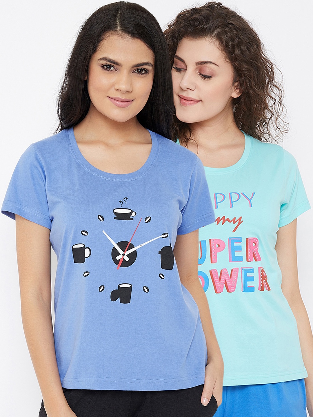 

Clovia Women Pack Of 2 Graphic Printed Cotton Lounge T-Shirts, Blue