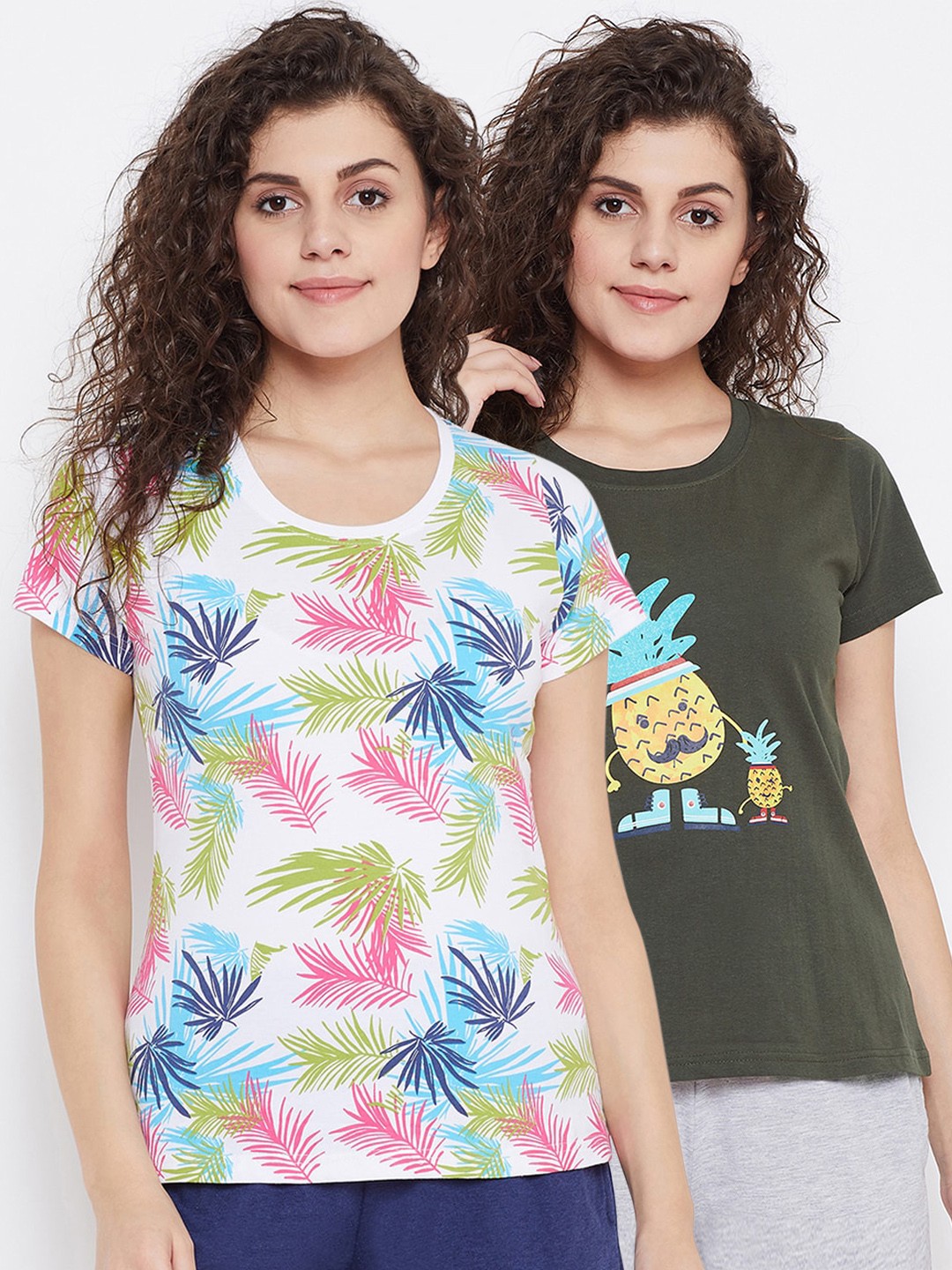 

Clovia Women Pack Of 2 Graphic Printed Cotton Lounge T-Shirts, Green