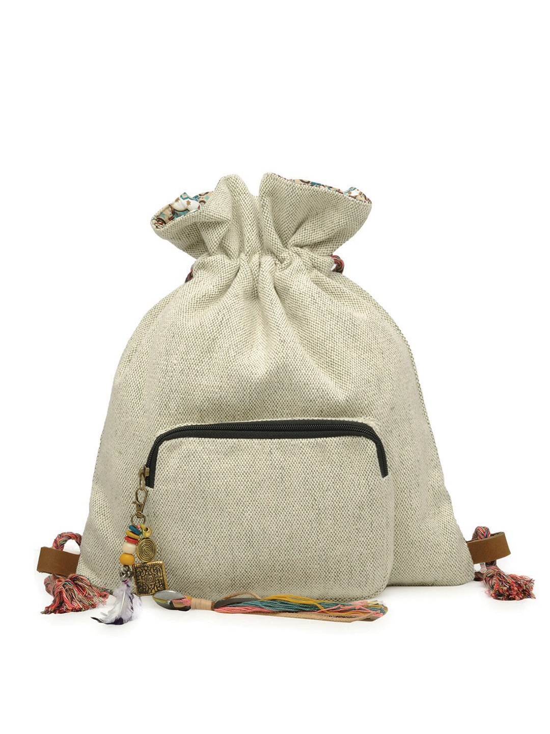 

The House of Tara Women Grey Handloom Fabric Tasselled Backpack