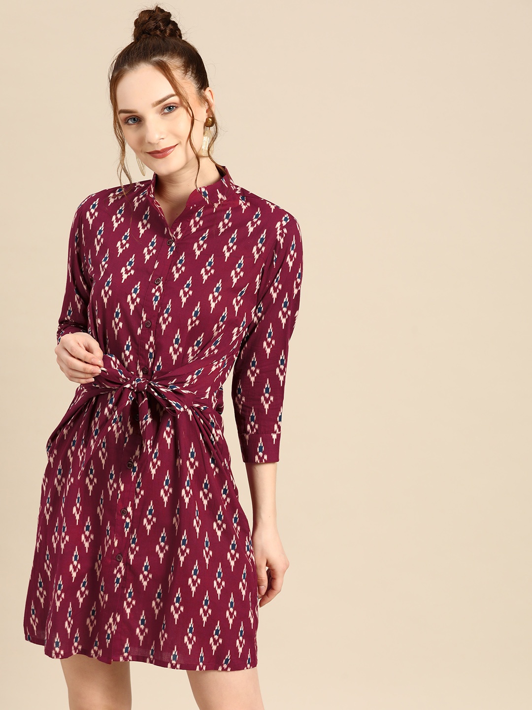 

MABISH by Sonal Jain Burgundy & White Ethnic Motifs Print Cotton Shirt Dress