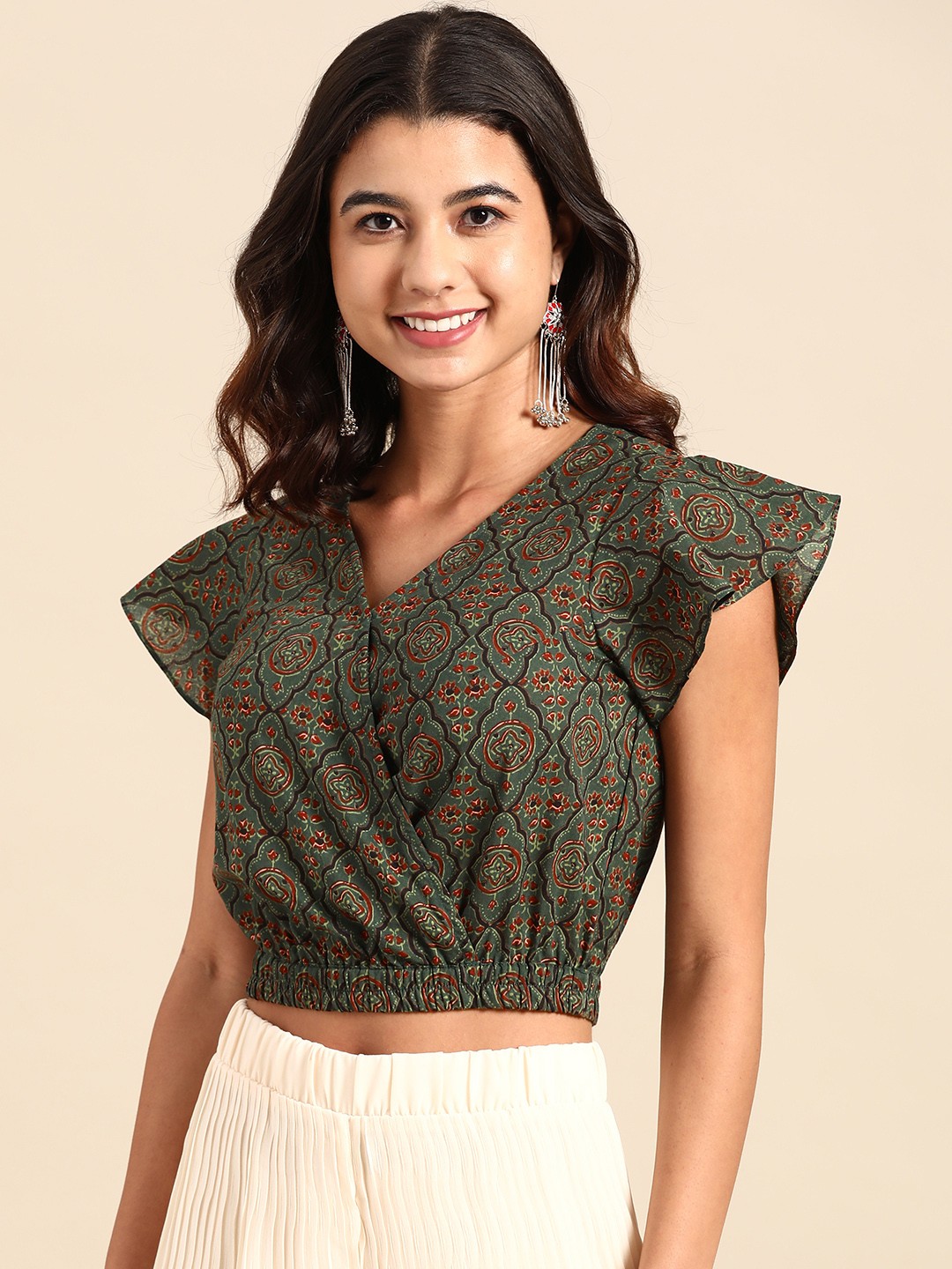 

MABISH by Sonal Jain Olive Green & Black Pure Cotton Printed Wrap Crop Top