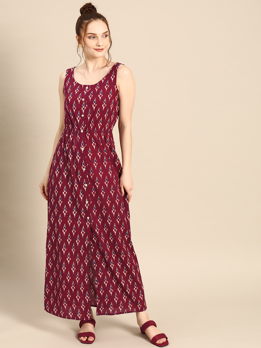 

MABISH by Sonal Jain Burgundy & Off White Cotton Printed Maxi Dress