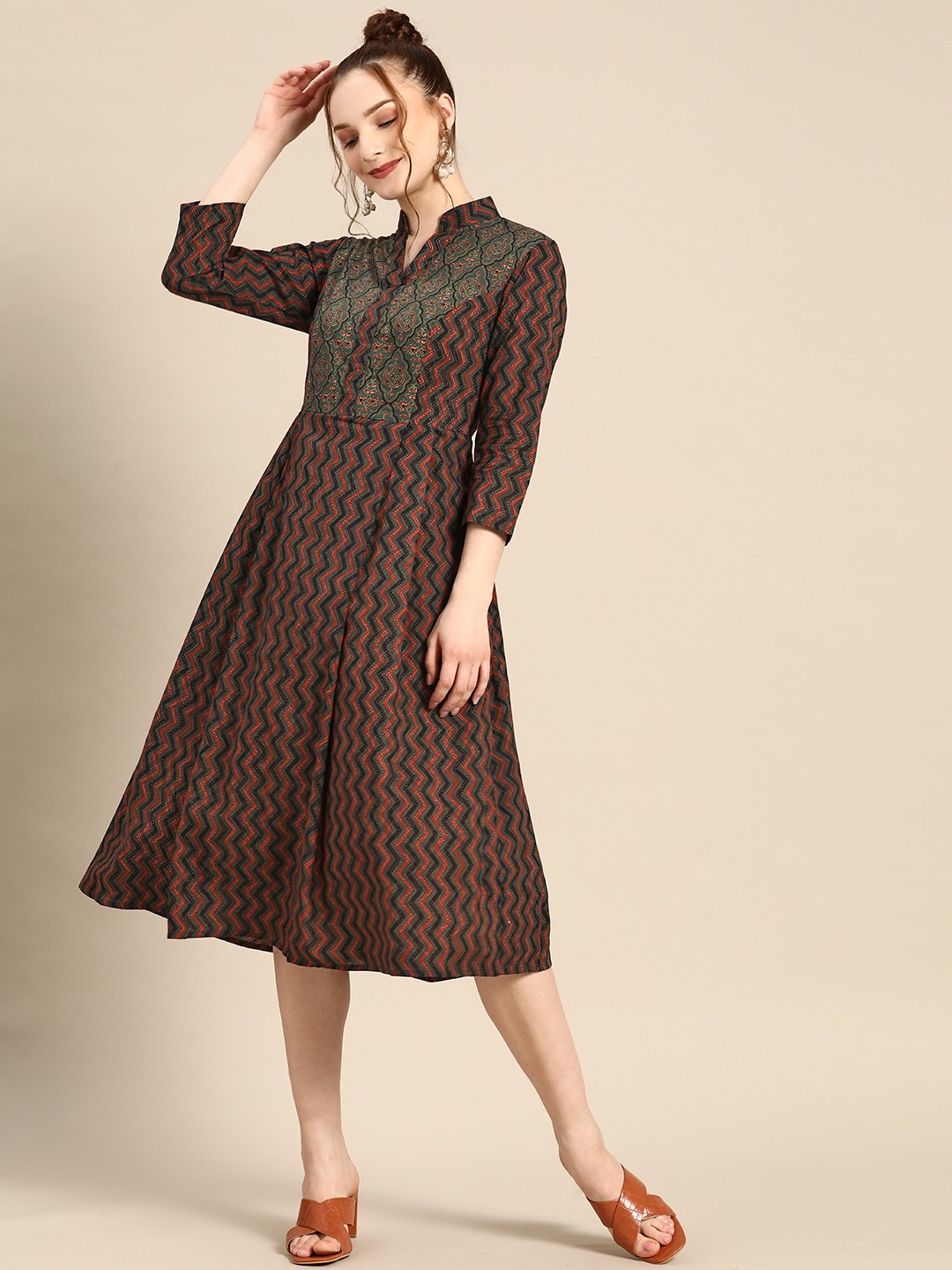 

MABISH by Sonal Jain Rust Red & Green Cotton A-Line Midi Dress