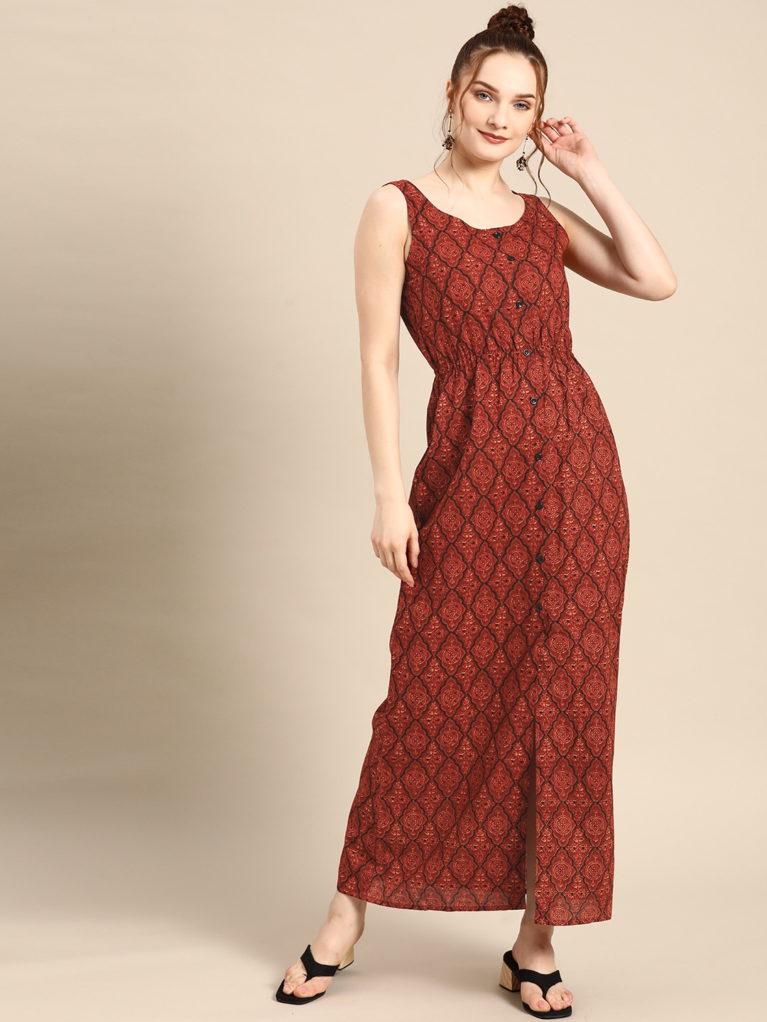 

MABISH by Sonal Jain Rust Brown & Black Cotton Printed Maxi Dress