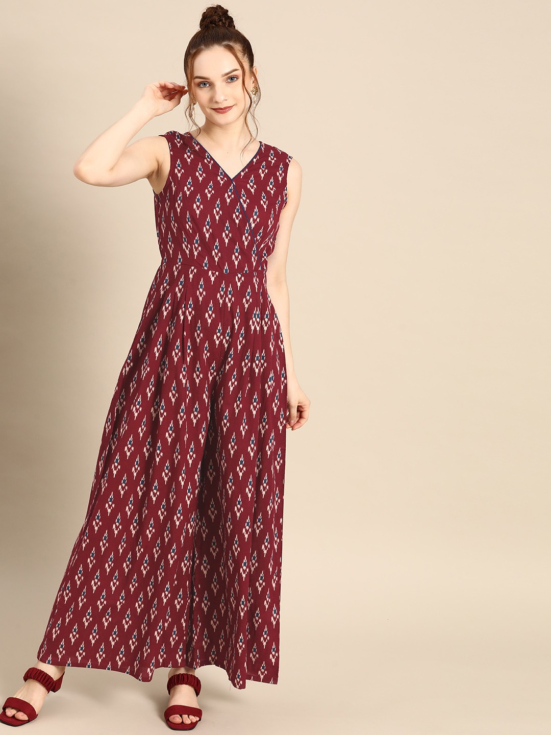 

MABISH by Sonal Jain Women Burgundy & Navy Blue Printed Pure Cotton Basic Jumpsuit