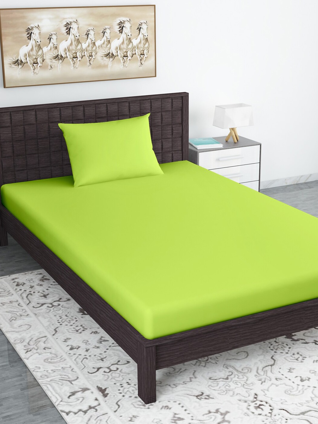 

Divine Casa Lime Green 104 TC Single Bedsheet with 1 Pillow Covers