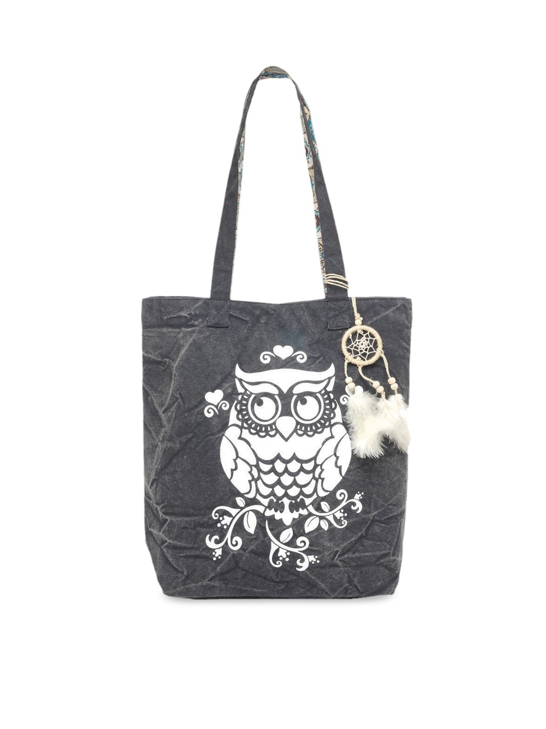 The House of Tara Charcoal and White Canvas Bird Motif Printed Shopper Tote Bag
