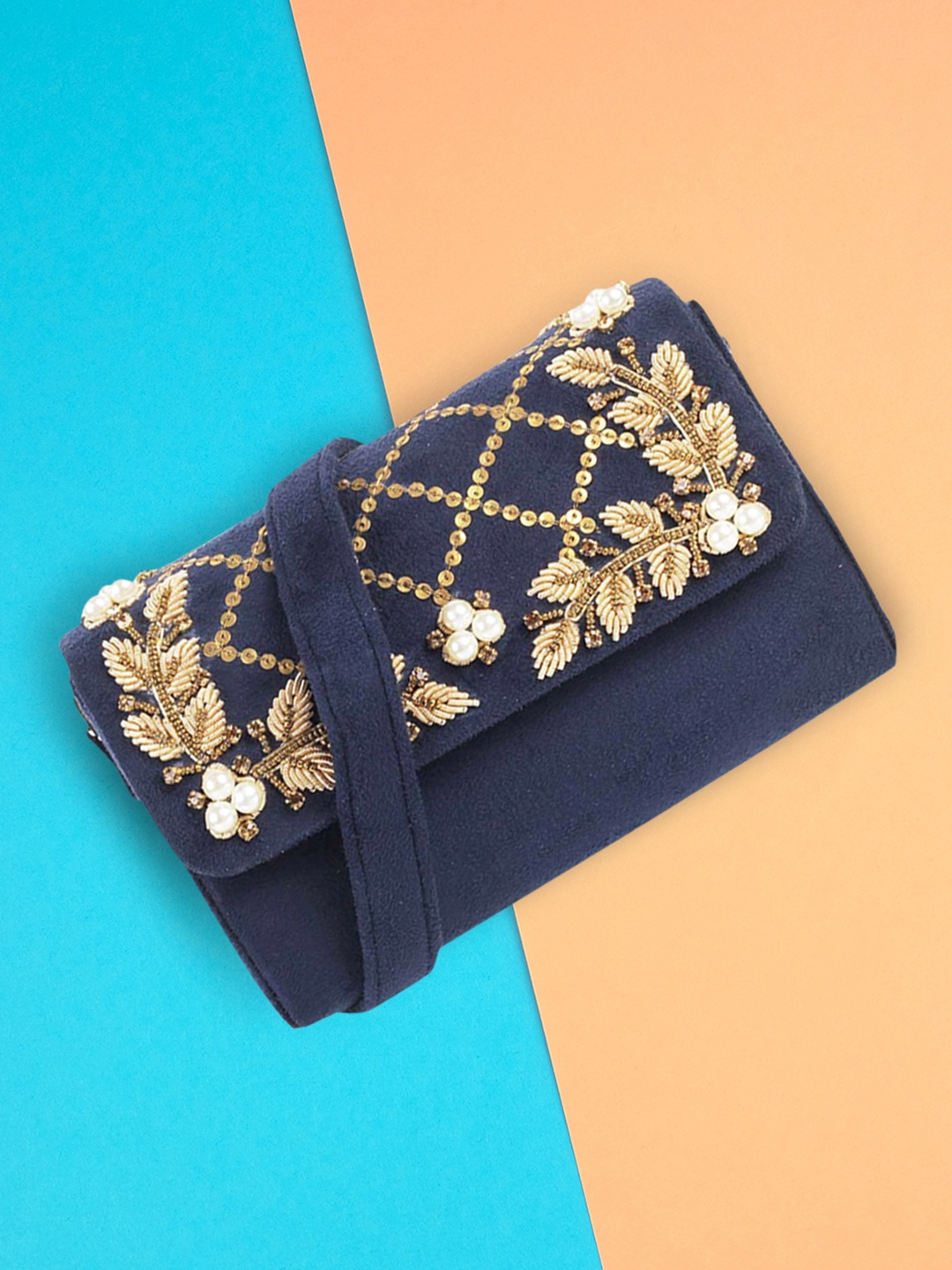 

Mochi Navy Blue & Gold-Toned Embellished Sling Bag