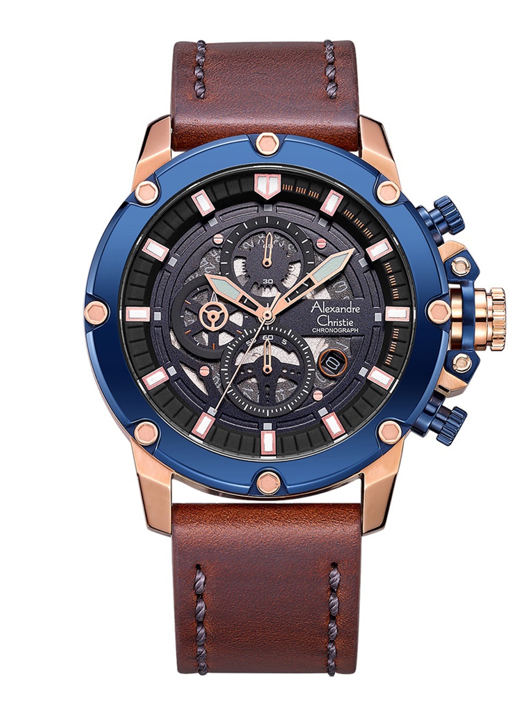 

Alexandre Christie Men Blue Skeleton Dial & Brown Leather Straps Analogue Watch