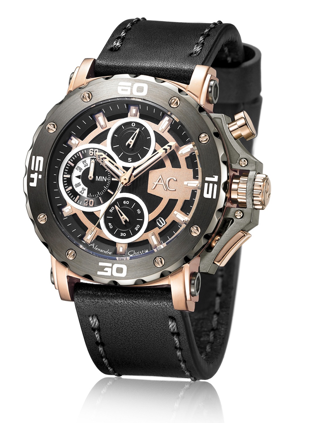 

Alexandre Christie Men Rose Gold-Toned Dial & Black Leather Solid Straps Analogue Watch