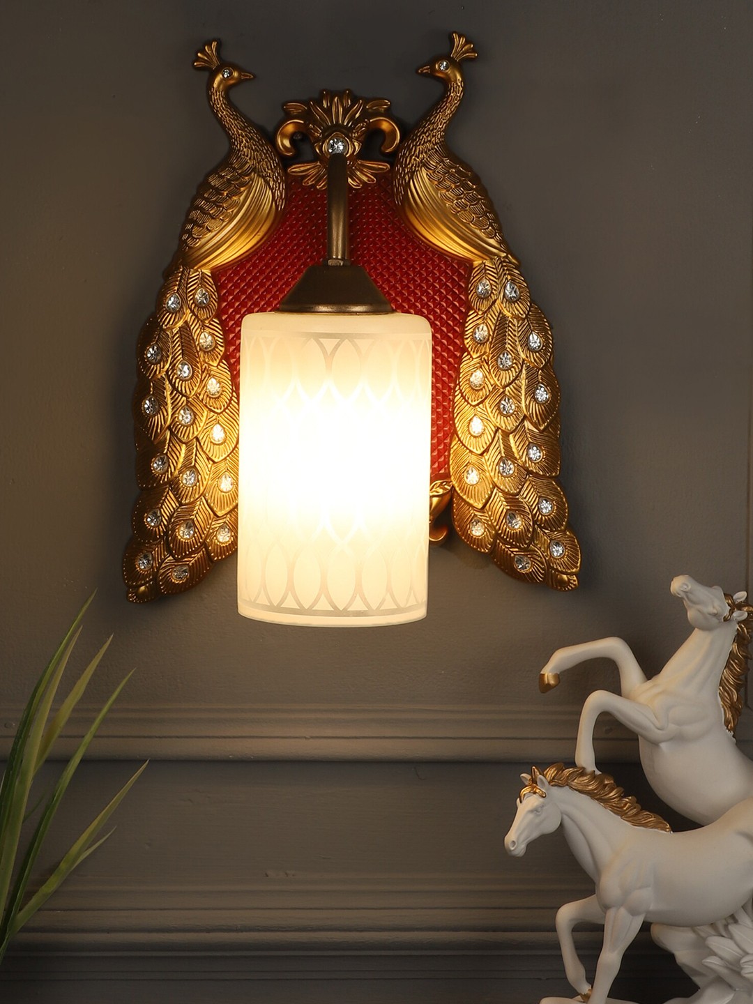 

MFD HOME FURNISHING White & Gold-Toned Glass Quirky Armed Sconce Wall Lamp