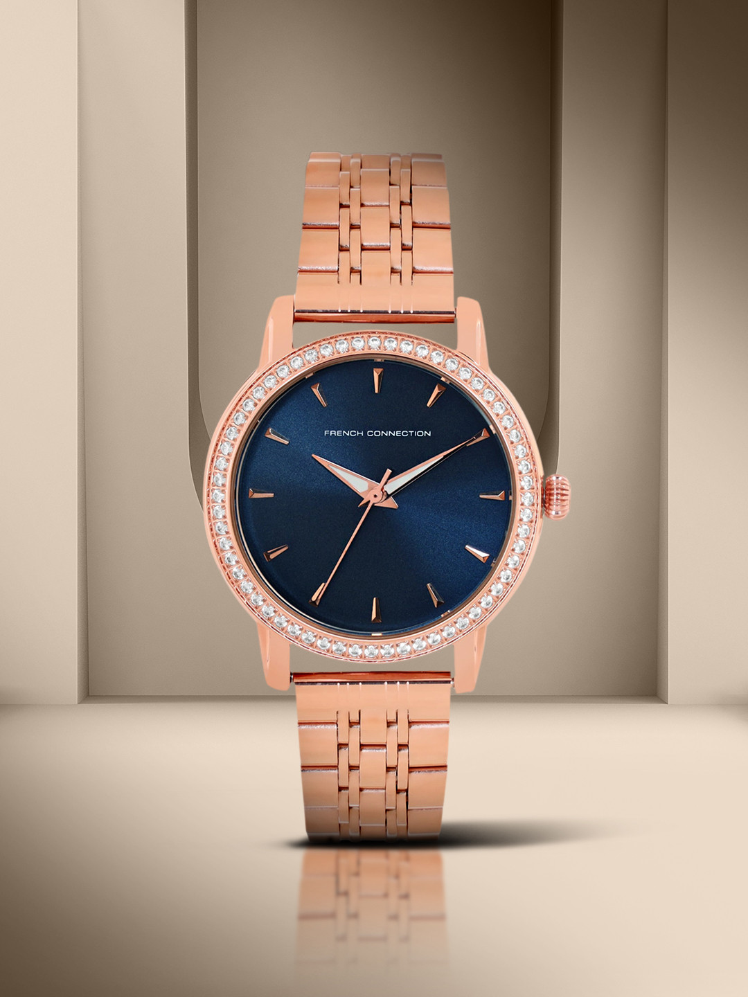 

French Connection Women Rose Gold-Toned Embellished Dial & Blue Straps Watch