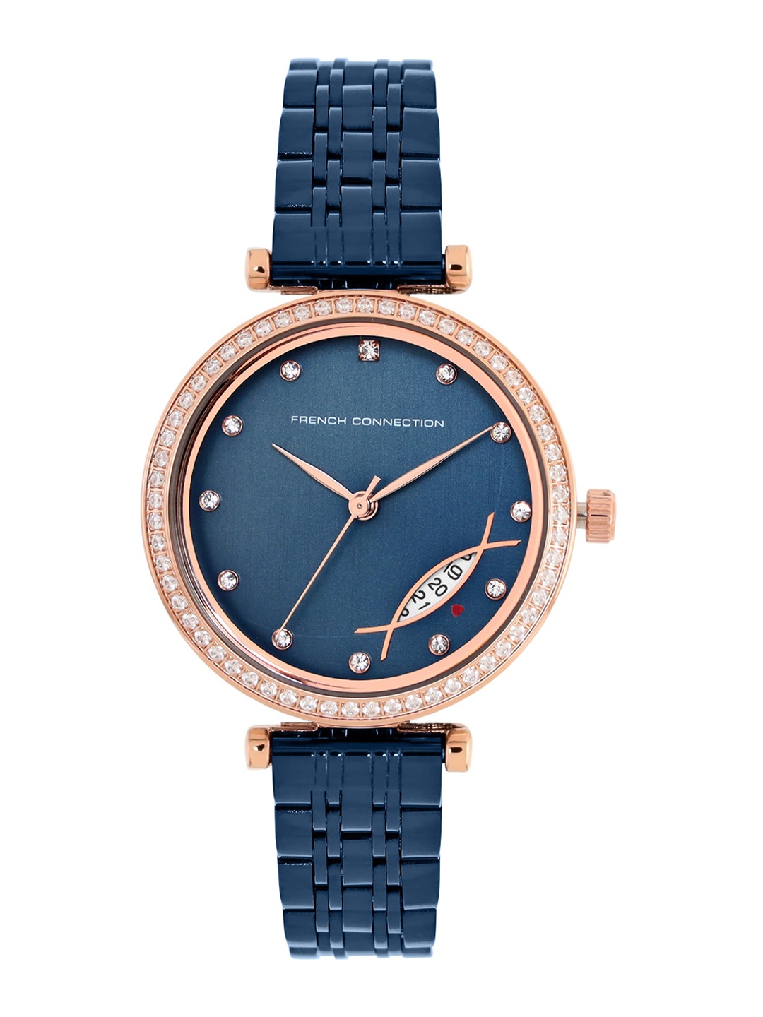 

French Connection Women Blue Embellished Dial & Blue Stainless Steel Bracelet Style Straps Analogue Watch